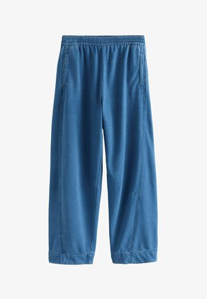 Blue elastic-waist sweatpants with side pockets, straight legs, and visible stitching details on a white background.