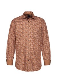 Camicia a maniche lunghe con stampa floreale multicolore e un accento marrone sui polsini. Chiusura con bottoni sul davanti, colletto classico e vestibilità regolare.