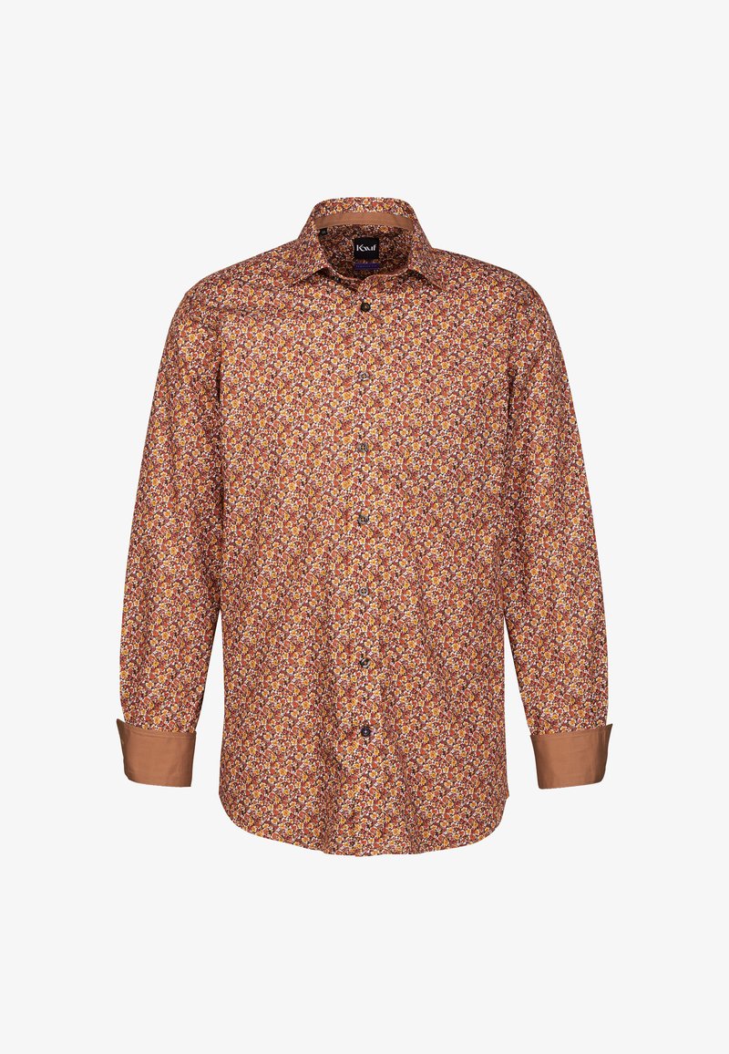 Camicia a maniche lunghe con stampa floreale multicolore e un accento marrone sui polsini. Chiusura con bottoni sul davanti, colletto classico e vestibilità regolare.