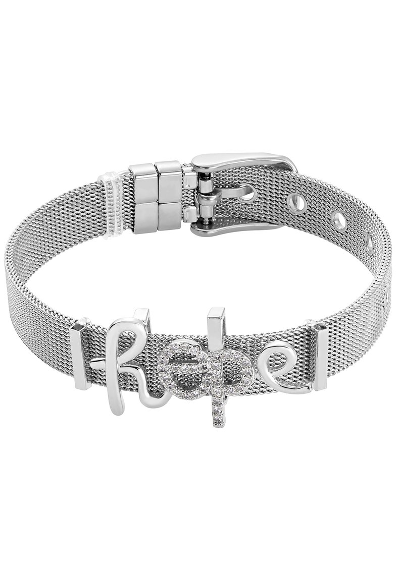 Bracciale in rete argentata con la parola "speranza" in lettere stilizzate, decorato con strass trasparenti e una chiusura a moschettone.