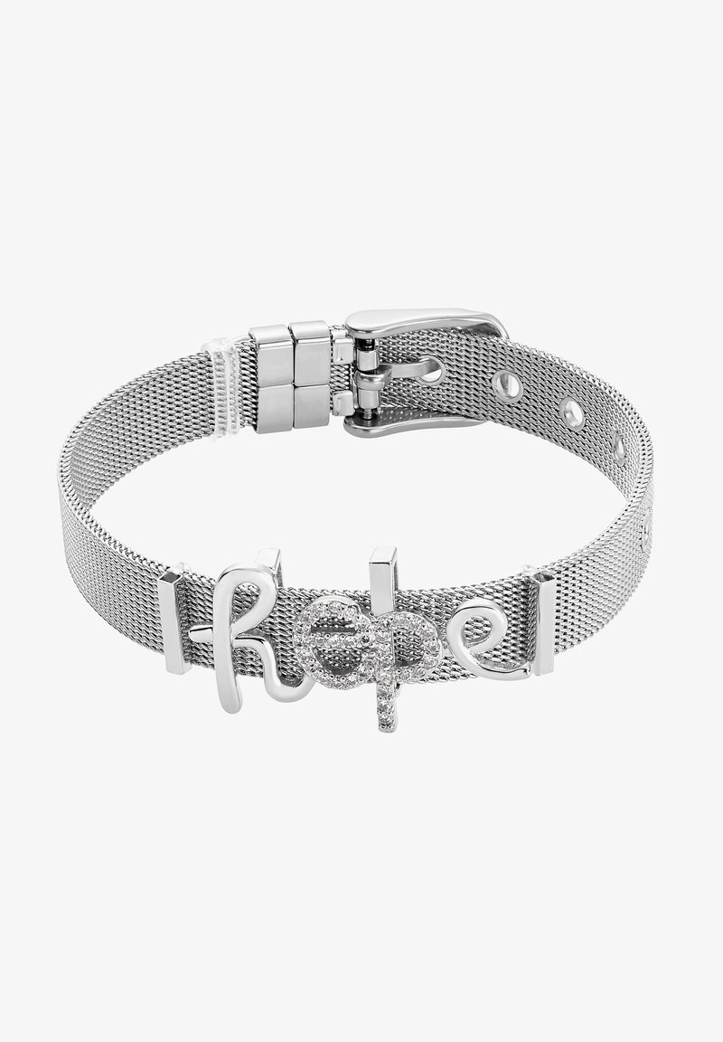 Zilveren mesh armband met het woord "hoop" in gestileerde letters,accentueert met heldere rhinestones en een sluiting.