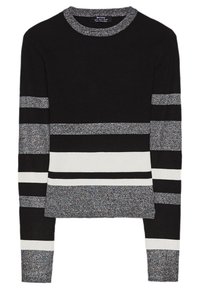 Czarny sweter prążkowany z poziomymi paskami w białym i szarym kolorze. Okrągły dekolt z teksturowanymi akcentami na mankietach i dolnym brzegu.