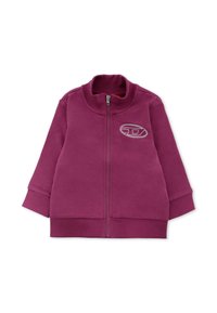 Felpa borgogna con zip e colletto alto, polsini a costine e logo ricamato sul petto. Design morbido, caldo e casual.