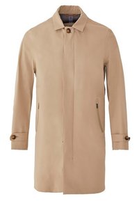 Manteau long beige pour homme avec col boutonné, boutons dissimulés sur le devant, poches latérales zippées et poignets à boutons.