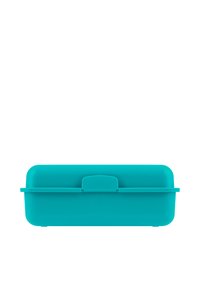 Turquoise plastic storage box with a rectangular shape, rounded edges, and a central handle. Smooth texture, minimalistic design, and no visible hardware.