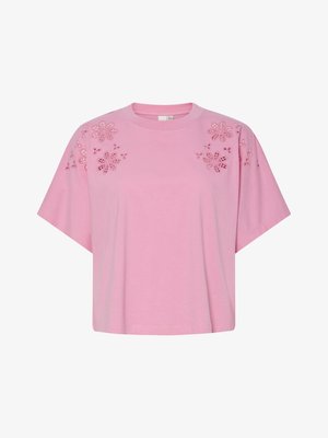 T-shirt de algodão rosa claro com um corte solto, apresentando recortes florais nas mangas e um decote redondo.