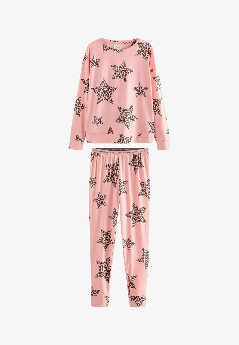 Pink pajama set featuring a long-sleeve top and pants, decorated with black leopard-print stars. Made of soft fabric with elastic waistband.