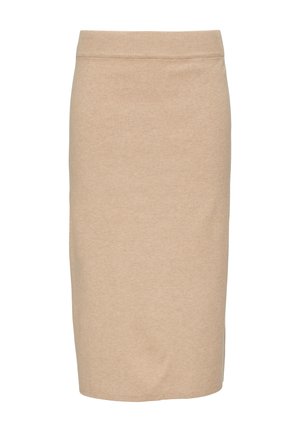 Beige kokerrok van zachte tricotstof, met een comfortabele tailleband, rechte silhoutte en een gladde textuur zonder patronen.