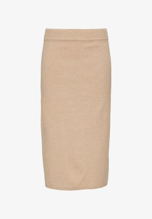 Beige kokerrok van zachte tricotstof, met een comfortabele tailleband, rechte silhoutte en een gladde textuur zonder patronen.