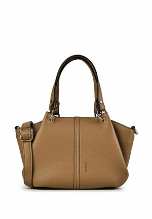 Brown leather handbag with two top handles, adjustable shoulder strap, and subtle vertical stitching on front panel.