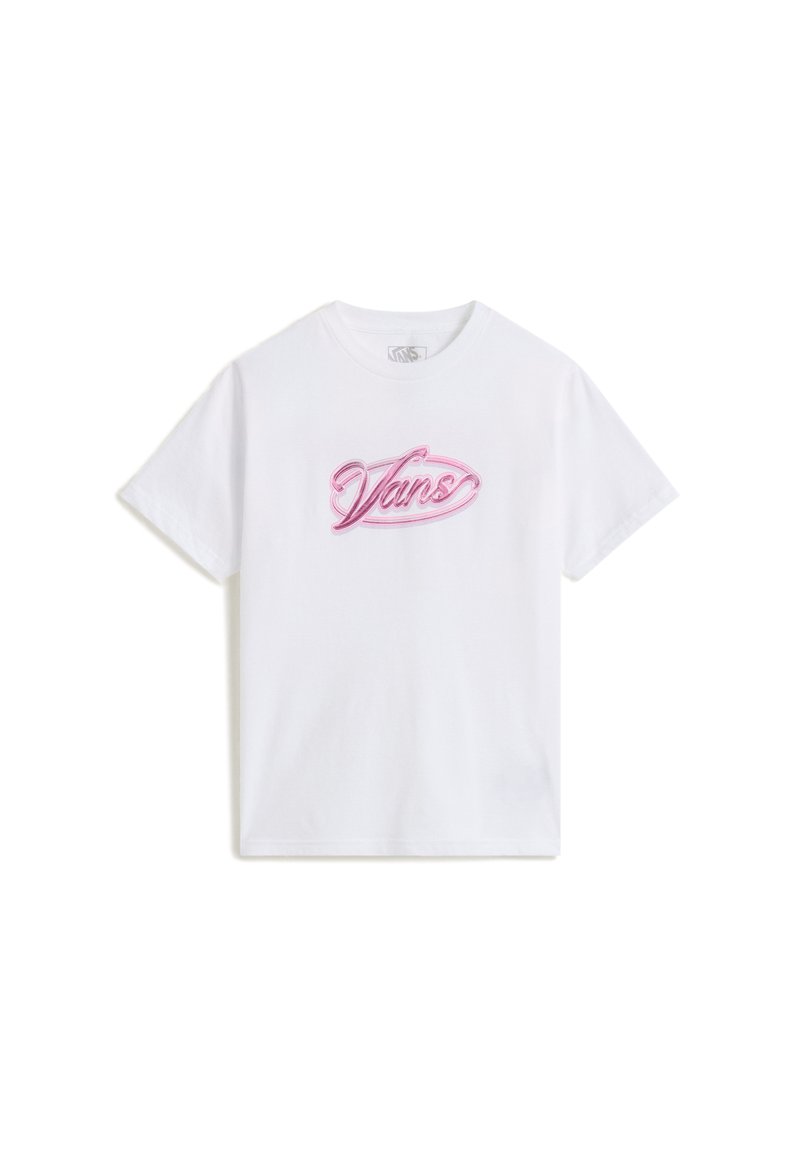 T-shirt blanc en coton à manches courtes et col rond, arborant un logo "Vans" brodé en rose au centre du devant.
