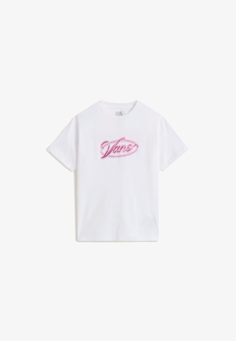 Biała bawełniana koszulka z krótkim rękawem i okrągłym dekoltem, z różowym haftowanym logo "Vans" umieszczonym na środku przodu.