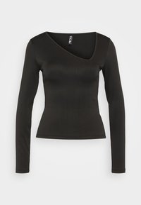 Černý dlouhý rukáv top s ribovanou texturou a diagonálním výstřihem do V. Přiléhavý střih se rovnými rukávy a olemovaným spodním okrajem.
