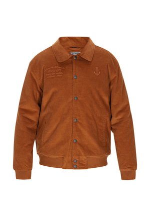 Barna kordbársony dzseki snap gombokkal, oldalsó zsebekkel, gallérral és hímzett horgony részlettel a mellkasán. Textúrált anyag és laza szabás.