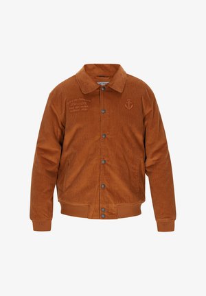 Barna kordbársony dzseki snap gombokkal, oldalsó zsebekkel, gallérral és hímzett horgony részlettel a mellkasán. Textúrált anyag és laza szabás.