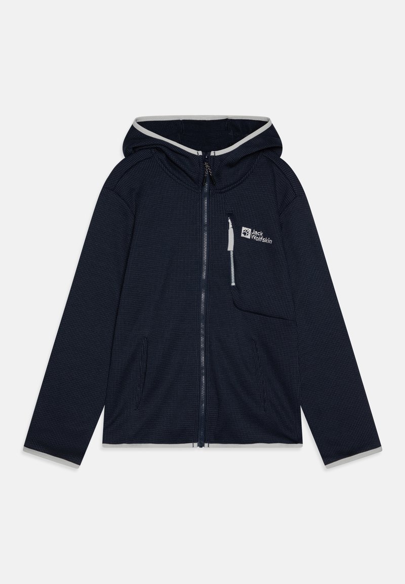 Temno modra zip-jacket z kapuco, teksturirano blago, sprednji žep in svetlo sivi detajli na manšetah in zadrgi.