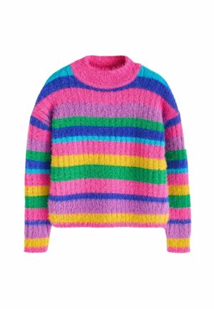 Blød striktrøje med vandrette striber i pink, lilla, grøn, blå, gul og turkis, med høj rund halsudskæring og lange ærmer.
