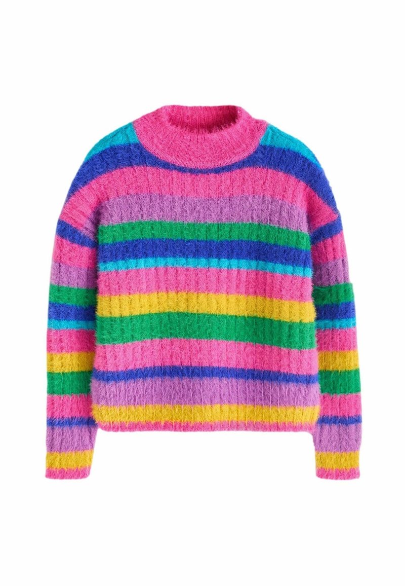 Pull en maille duveteuse avec des rayures horizontales rose, violet, vert, bleu, jaune et turquoise, avec un col rond haut et des manches longues.