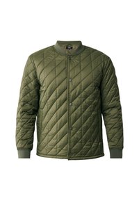 Olivově zelená prošívaná bunda s kulatým výstřihem, zapínáním na patentky, bočními kapsami a žebrovanými manžetami; má texturu s diamantovým vzorem.