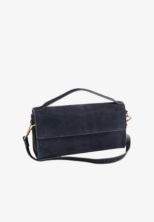 Rechteckige dunkelblaue Veloursleder-Handtasche mit einem oberen Griff und einem abnehmbaren Schulterriemen mit goldfarbenen Beschlägen.