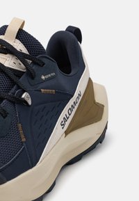 Mørkeblå tursko med nettingoverdel, Gore-Tex-merke, beige detaljer, teksturerte elementer og en robust svart yttersåle.