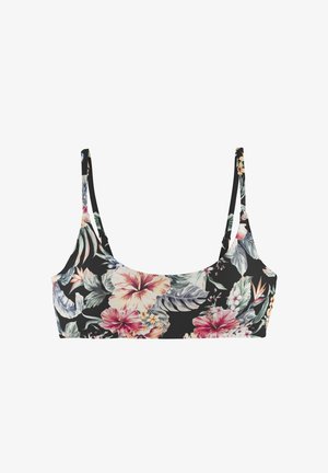 Ziedu bikini tops ar melnu fonu un daudzkrāsainām ziedu un lapu motīviem. Plānas siksniņas un noapaļota kakla izgriezuma forma. Gluda tekstūra.