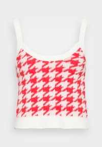 Top cropped em vermelho e branco com padrão pied de poule; feito de um material de malha texturizado e suave; possui alças largas e decote redondo.