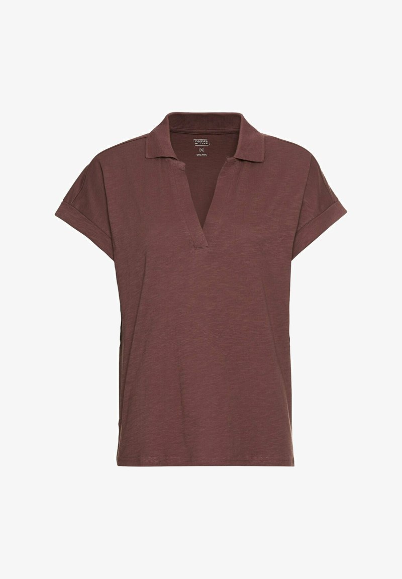 Brun kortærmet polo-shirt med V-hals design, lavet af letvægtsstof. Oprullede ærmer og en afslappet pasform. Enkel, ensfarvet.