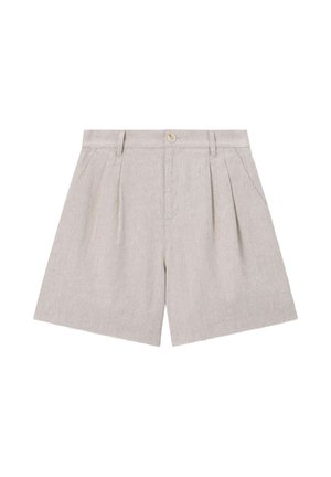 Short beige clair taille haute avec plis, poches latérales, passants de ceinture et fermeture à boutons sur le devant, présenté à plat sur un fond blanc.