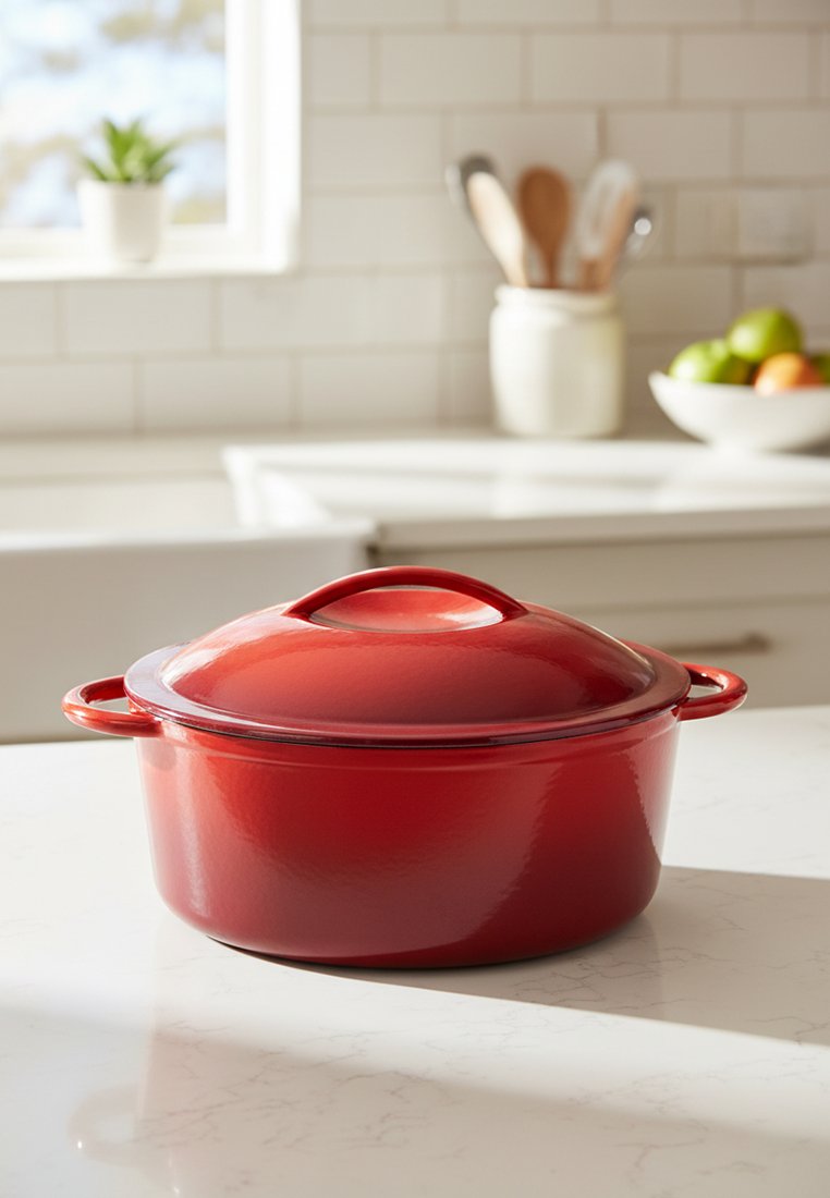 Červený smaltovaný kovový hrnec typu Dutch oven s víkem a bočními úchyty na bílé kuchyňské pracovní desce s rozostřeným nádobím a miskou s ovocem v pozadí.