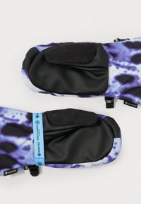 Mănuși din piele neagră cu un design tie-dye violet, având un petic texturat negru pe palmă și un eticheta Gore-Tex albastră pe încheietură.