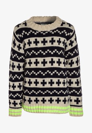 Pull en maille beige avec des motifs croix noirs et des motifs en zigzag, ainsi que des rayures vert néon aux poignets et à l'ourlet.