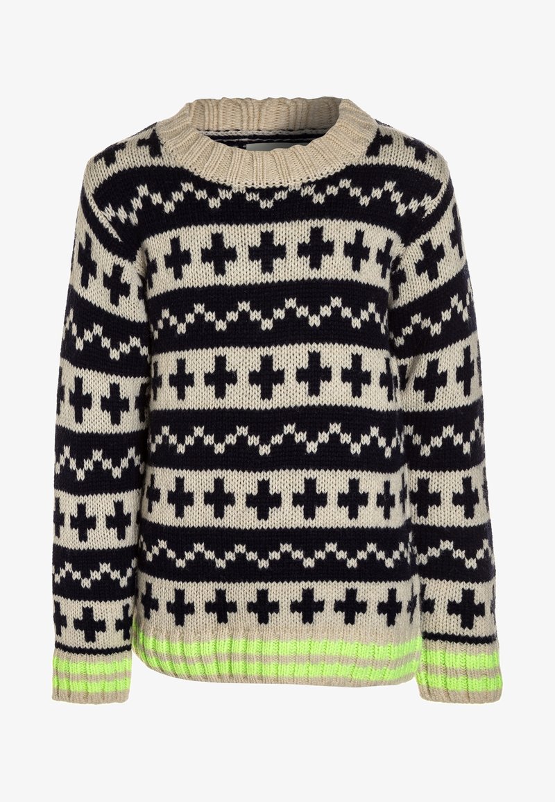 Pull en maille beige avec des motifs croix noirs et des motifs en zigzag, ainsi que des rayures vert néon aux poignets et à l'ourlet.