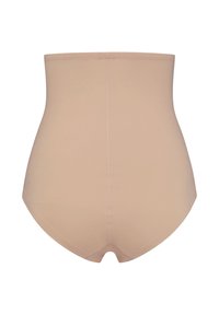 Culotte modellante a vita alta color beige con design liscio e senza cuciture e cuciture rinforzate lungo la parte centrale posteriore.