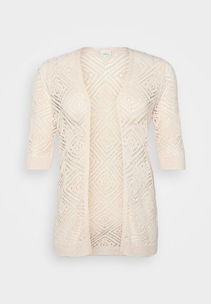 Dolge rokave, lahka jopica v mehki roza barvi, z geometrijskim odprtim pletenim vzorcem in sproščenim krojem. Brez zapenjanja, okroglo izreza.