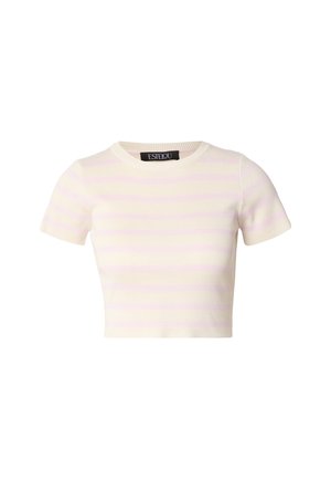 Kort mouwcroptop in roomwit met lichtroze horizontale strepen. Geribbelde textuur en ronde halslijn. Merklabel zichtbaar aan de binnenkant van de kraag.