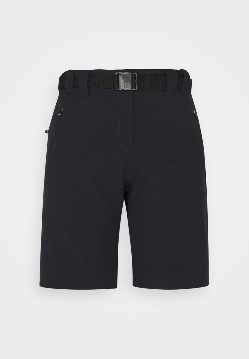 Sorte shorts lavet af letvægtsstof med flad front, to lynlåslommer på siderne og et justerbart bælte for en sikker pasform.