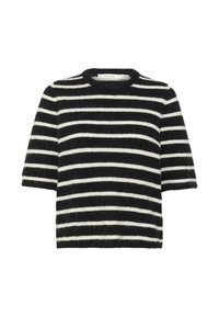 Mikina s krátkým rukávem černobílé pruhované; měkká, chlupatá textura; kulatý výstřih; volný střih s horizontálními pruhy.