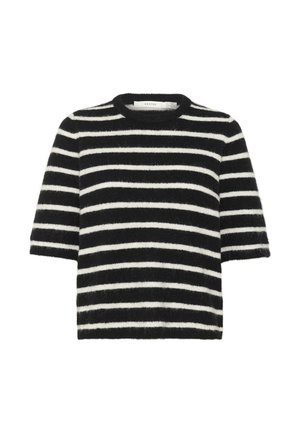 Pull à manches courtes noir et blanc à rayures ; texture douce et pelucheuse ; col rond ; coupe décontractée avec des rayures horizontales.