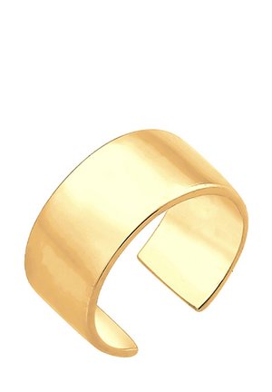 Bracelet manchette large en or lisse avec un design ouvert aux extrémités et une surface polie réfléchissante.