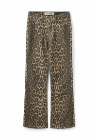 Bredbeniga jeaner med leopardmönster i beige och bruna nyanser, tillverkade av denim med en strukturerad yta. Har fem fickor och knappstängning.