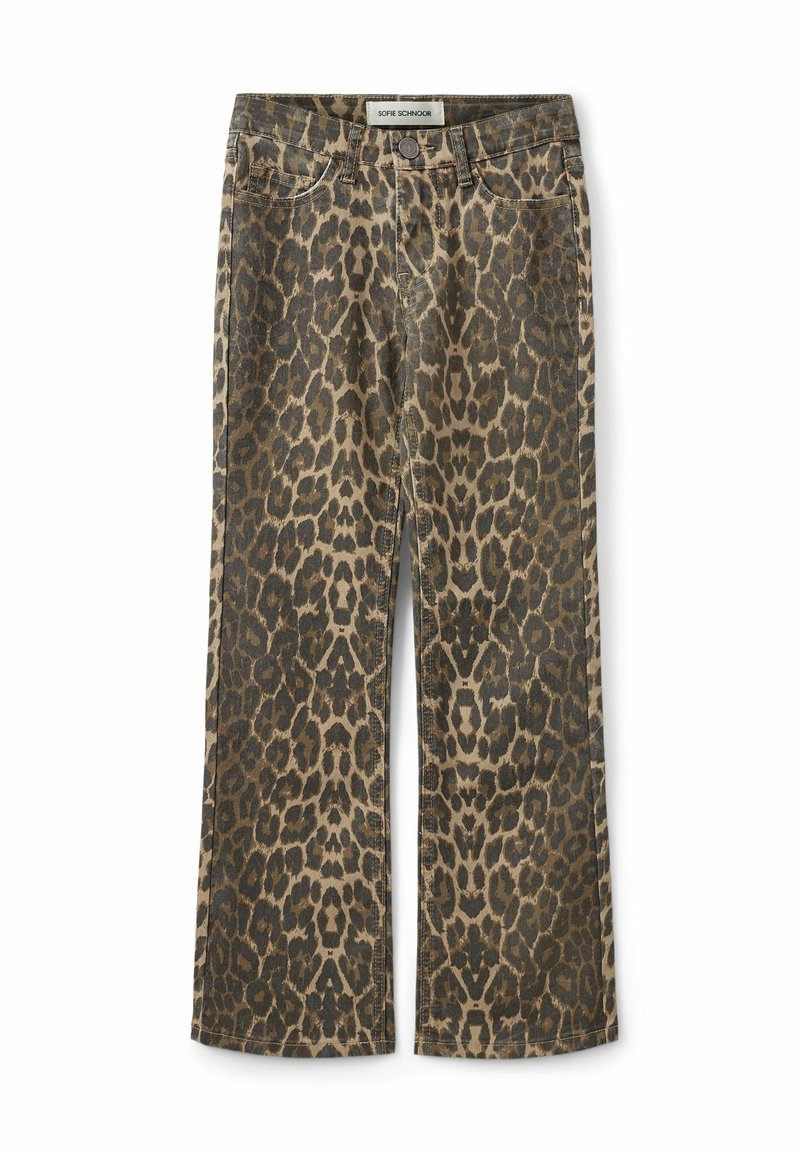 Bredbeniga jeaner med leopardmönster i beige och bruna nyanser, tillverkade av denim med en strukturerad yta. Har fem fickor och knappstängning.