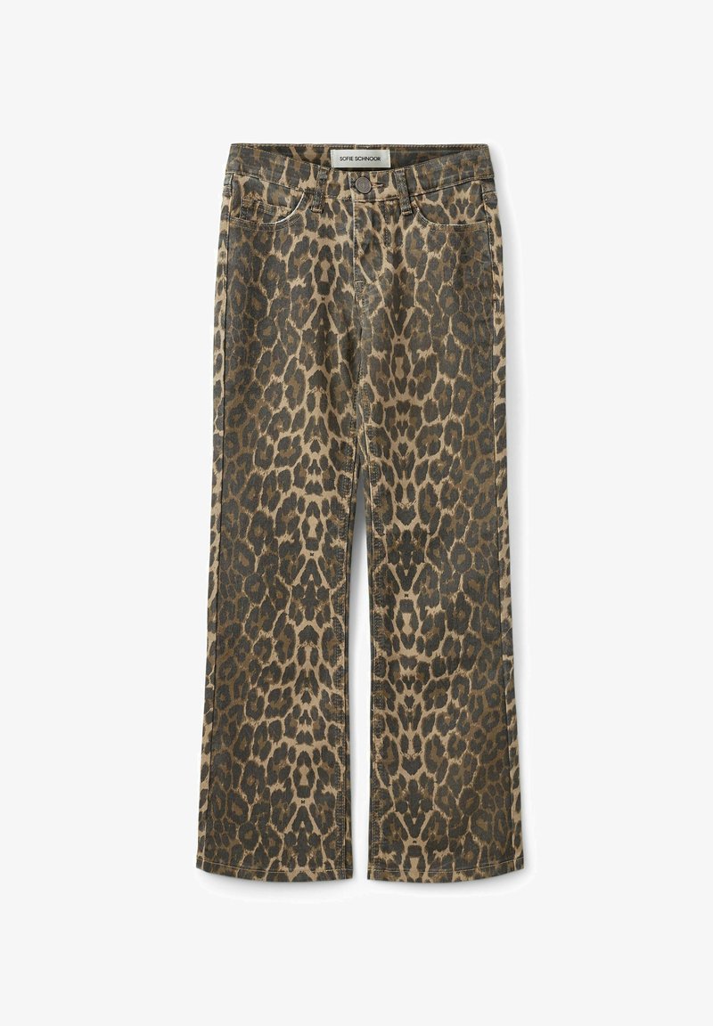 Jeans larges en imprimé léopard dans des tons beiges et marron, en denim avec une finition texturée. Comprend cinq poches et une fermeture à bouton.