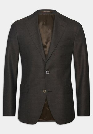 Bruine op maat gemaakte blazer van een geweven stof, met geknipte revers, twee knopen en twee voorkanten zakken. Gevoerd met een bruin patroon stof.