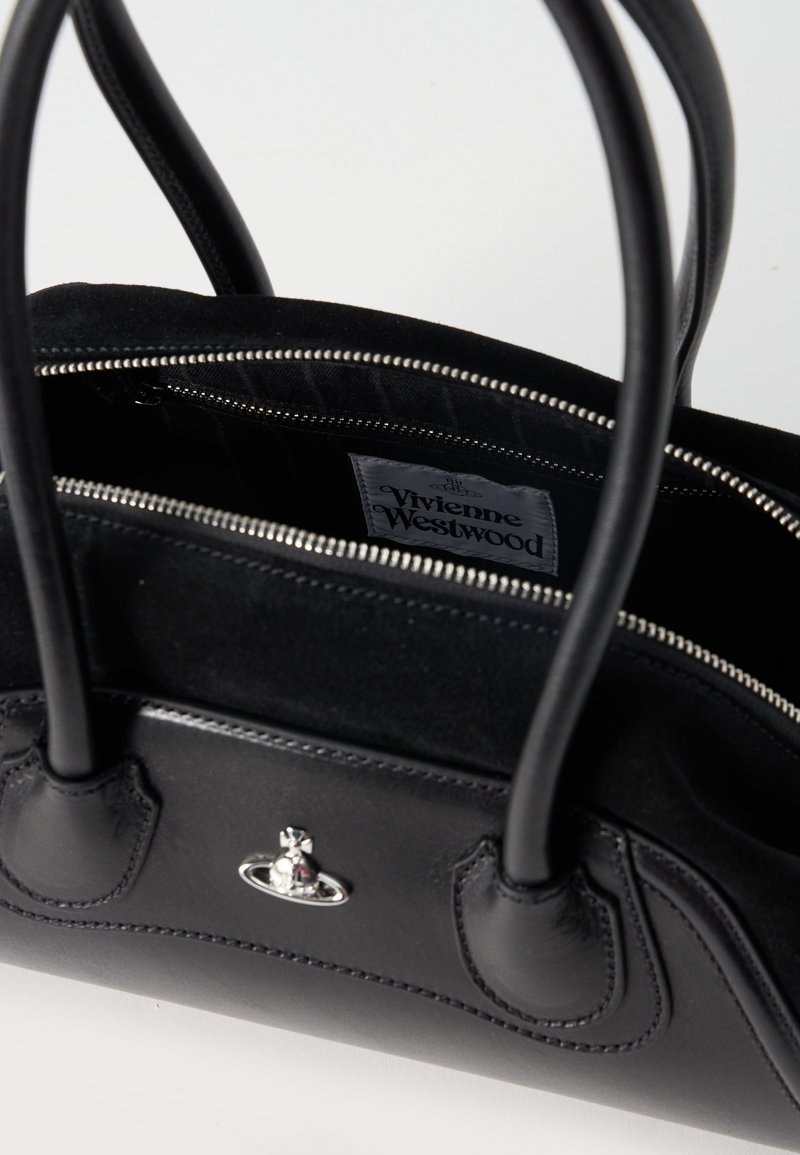 Black leather handbag with two handles, an open silver zipper, interior label reading "Vivienne Westwood," and metallic logo on front.