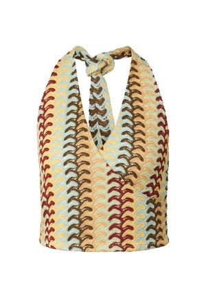 Haut dos nu au crochet multicolore avec un nœud au cou, présentant un motif ondulé en bleu clair, marron, beige et rouge.