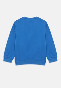 Μπλε φούτερ με στρογγυλή λαιμόκοψη, ριμπ μανσέτες και κάτω μέρος. Μαλακό βαμβακερό ύφασμα με λεία υφή. Χωρίς εμφανή σχέδια ή διακοσμητικά στοιχεία.