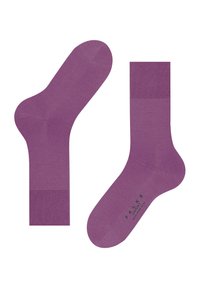Fioletowe skarpetki bawełniane o gładkiej fakturze, z kontrastującym pr ążkowanym mankietem. Logo marki jest nadrukowane na czarno z boku.