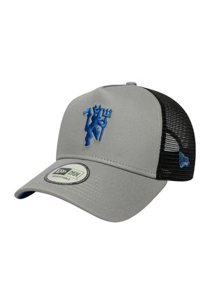 Gray baseball cap with black mesh back, blue devil holding a trident embroidered on front, and adjustable New Era label on visor.
