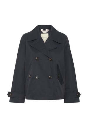 Marinblå, dubbelknäppt jacka tillverkad av ett slätt, hållbart tyg. Har stora knappar, en klassisk krage och sidofickor.